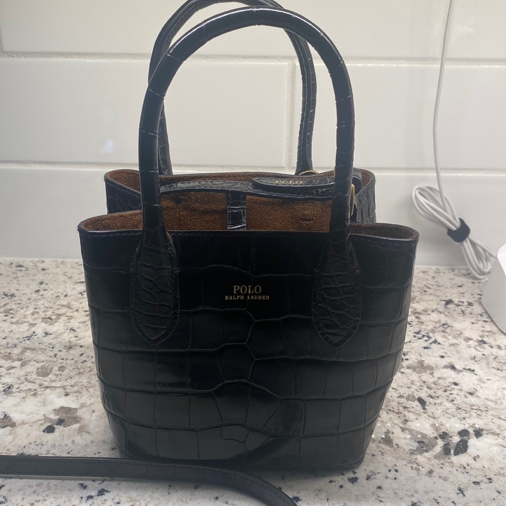 Black crocodile embossed leather!  Crossbody or handle!  It’s a classic!